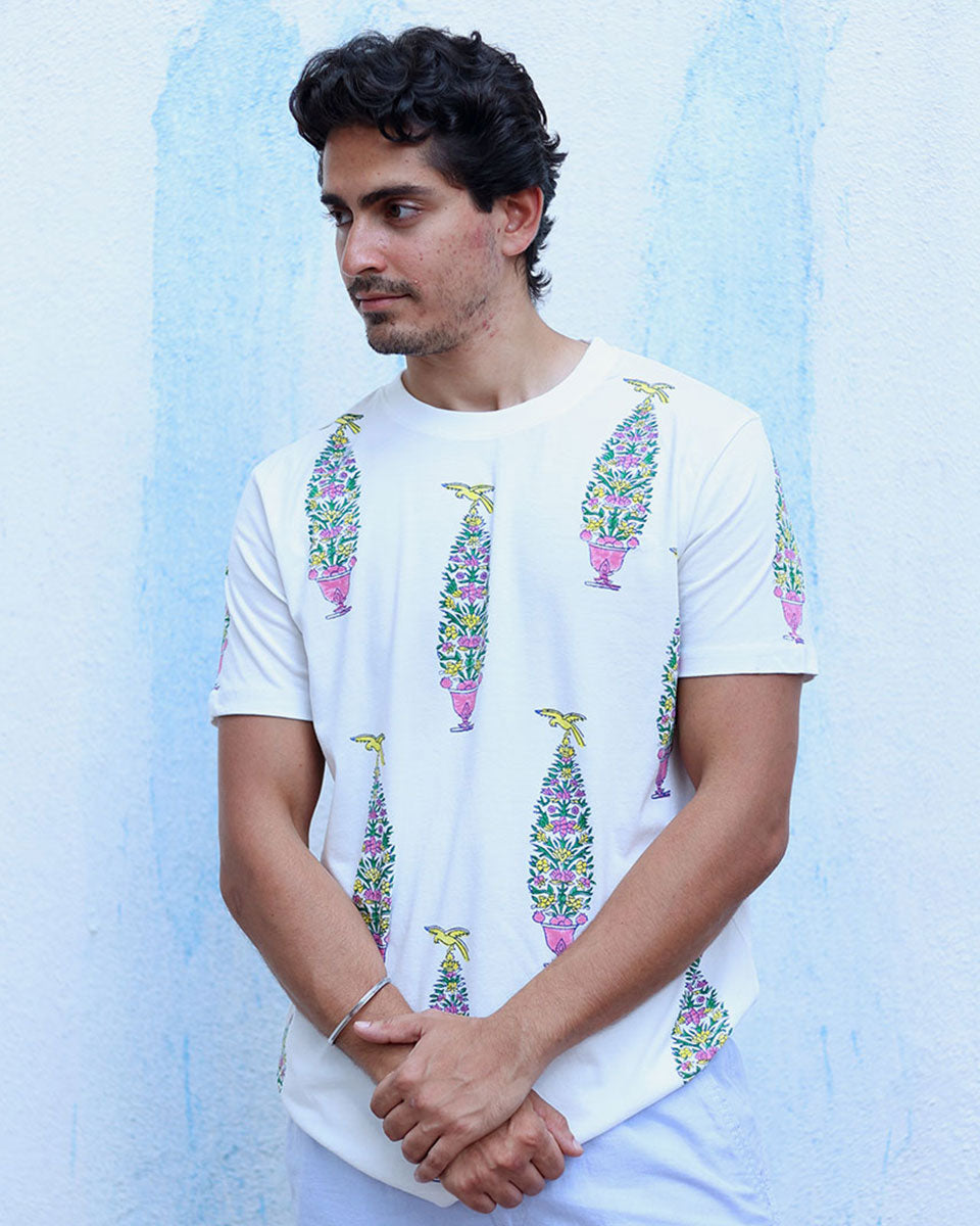 Humraaz White Hand Block Print Cotton T- Shirt - TOF