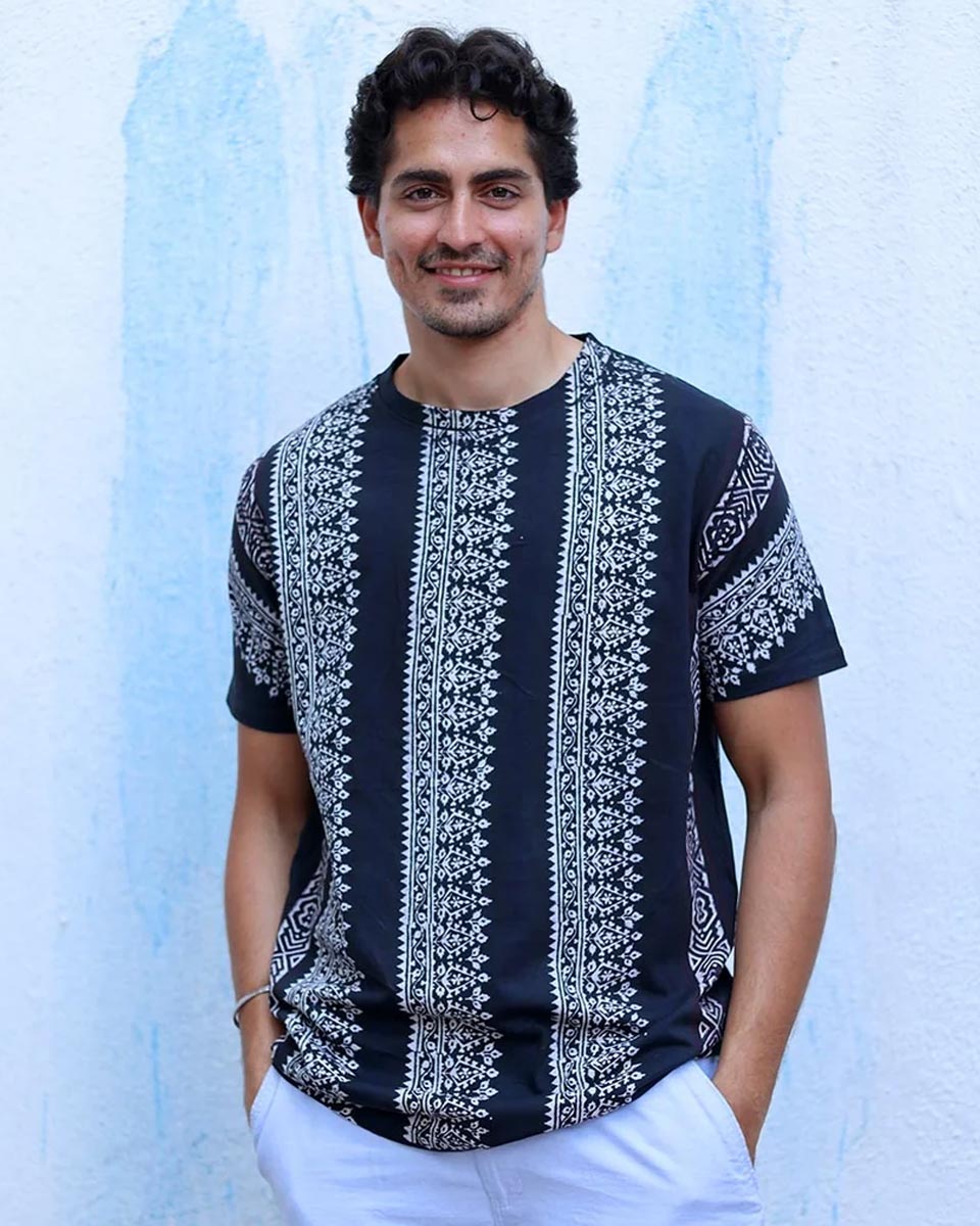 Qaafir Black Hand Block Print Cotton T- Shirt - TOF