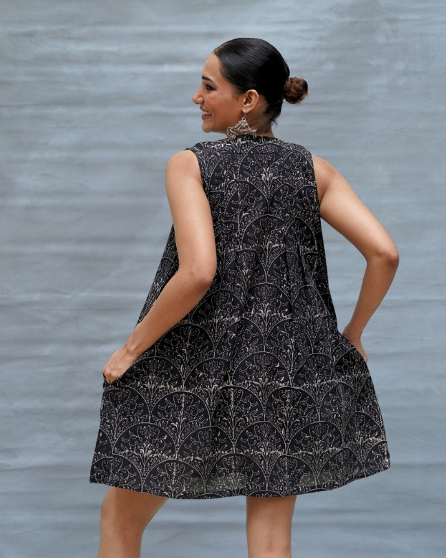 Pink Moon Black Handblock Print Cotton Dress - MNCH