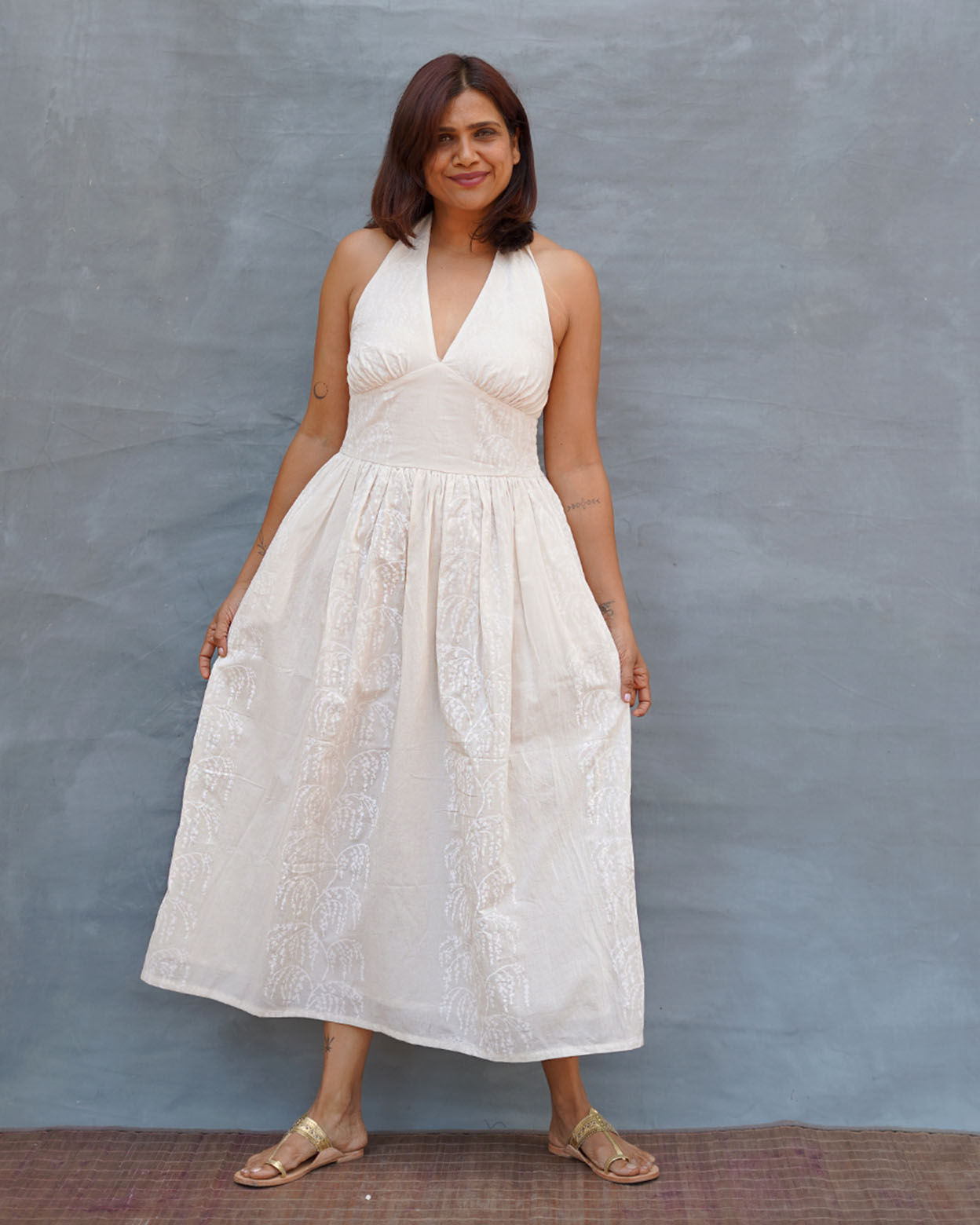 Cloudfall White Handblock Print Cotton Dress - Safed