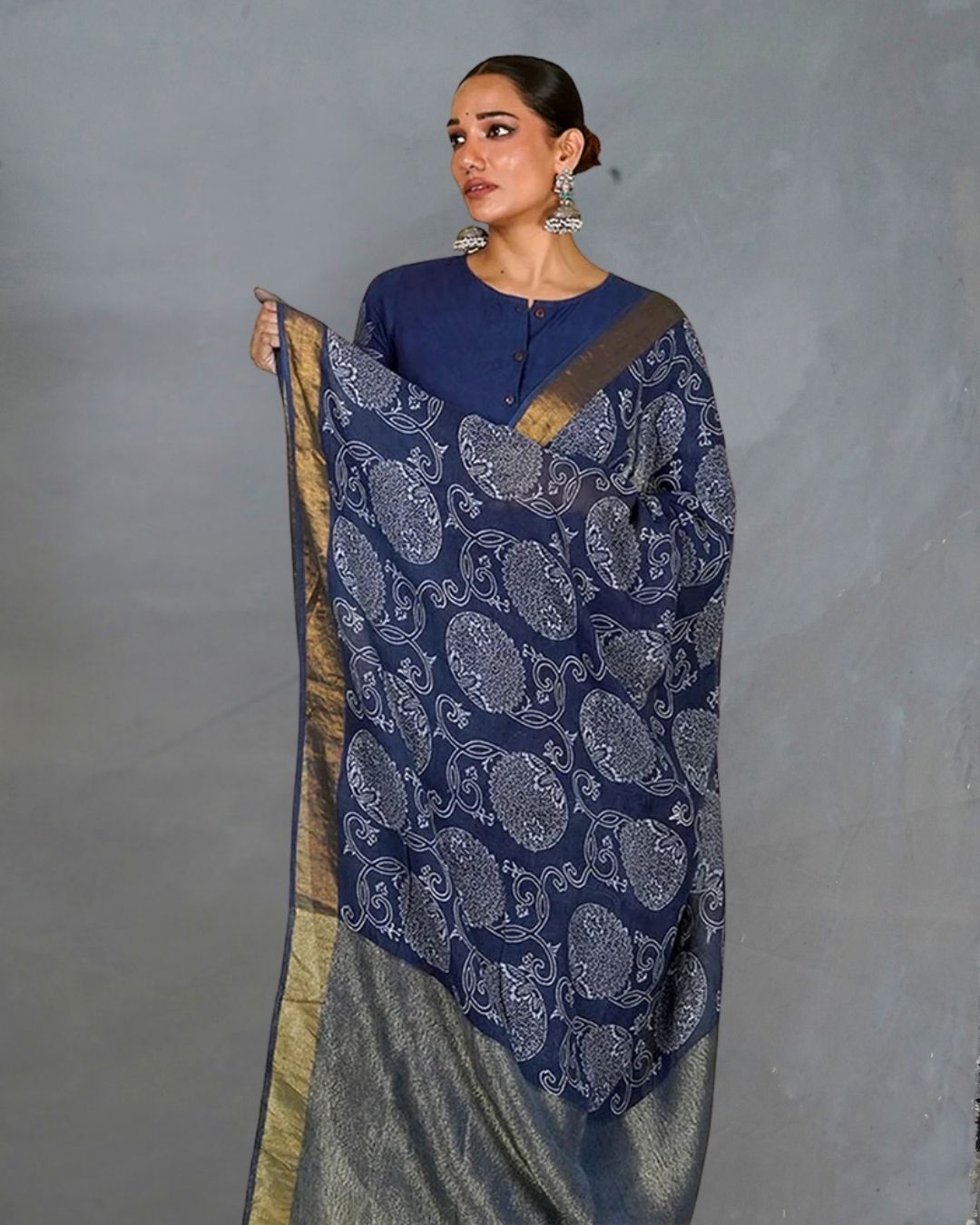 Rahi Blue Handblock Print Linen Saree - INDI