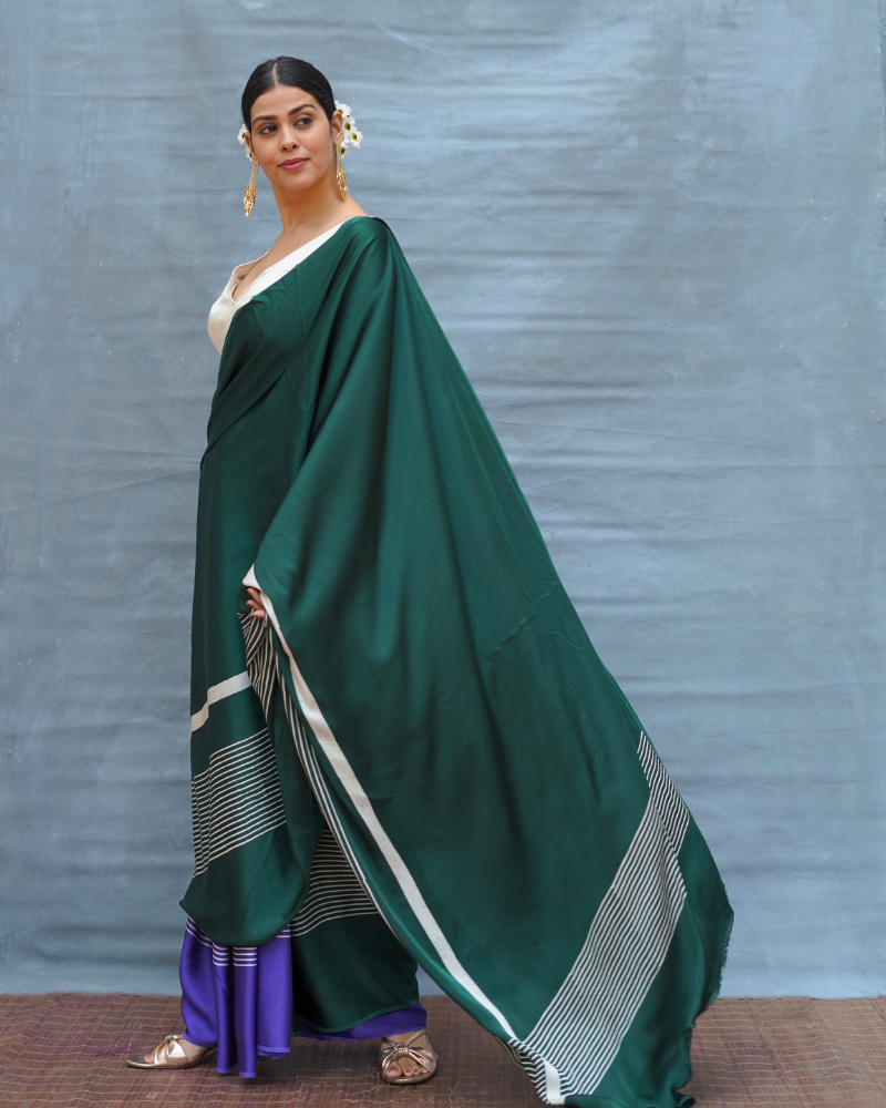 Slow Ripple Green Handblock Print Modal Silk Saree - Flow