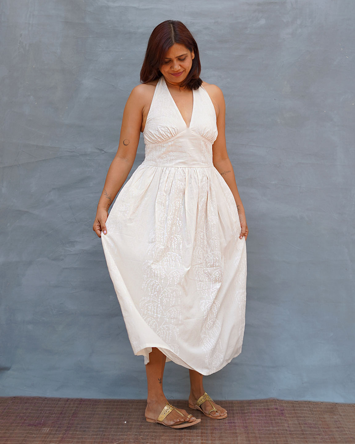 Cloudfall White Handblock Print Cotton Dress - Safed