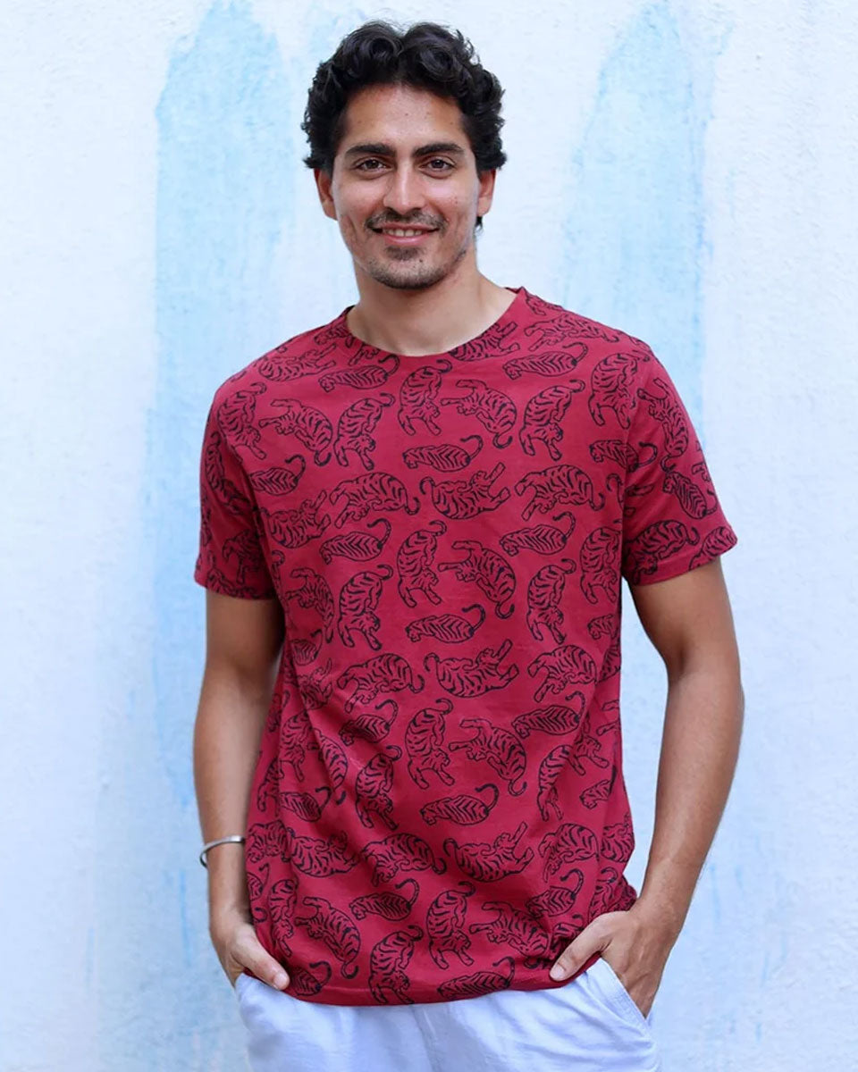 Aashiq Maroon Hand Block Print Cotton T- Shirt - TOF