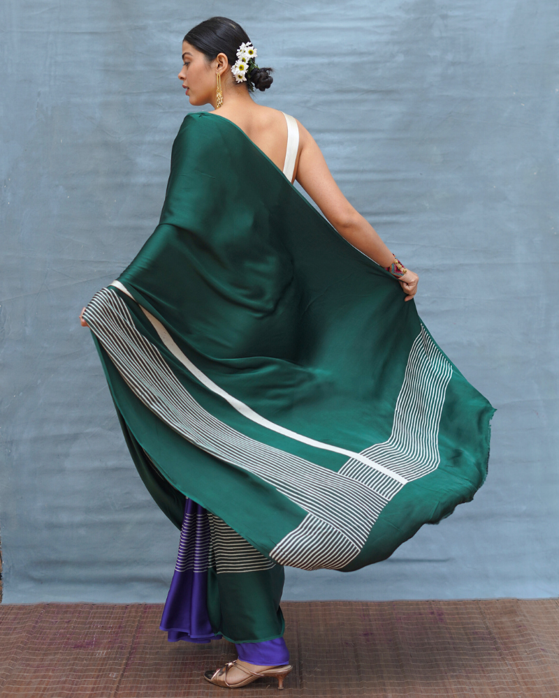 Slow Ripple Green Handblock Print Modal Silk Saree - Flow