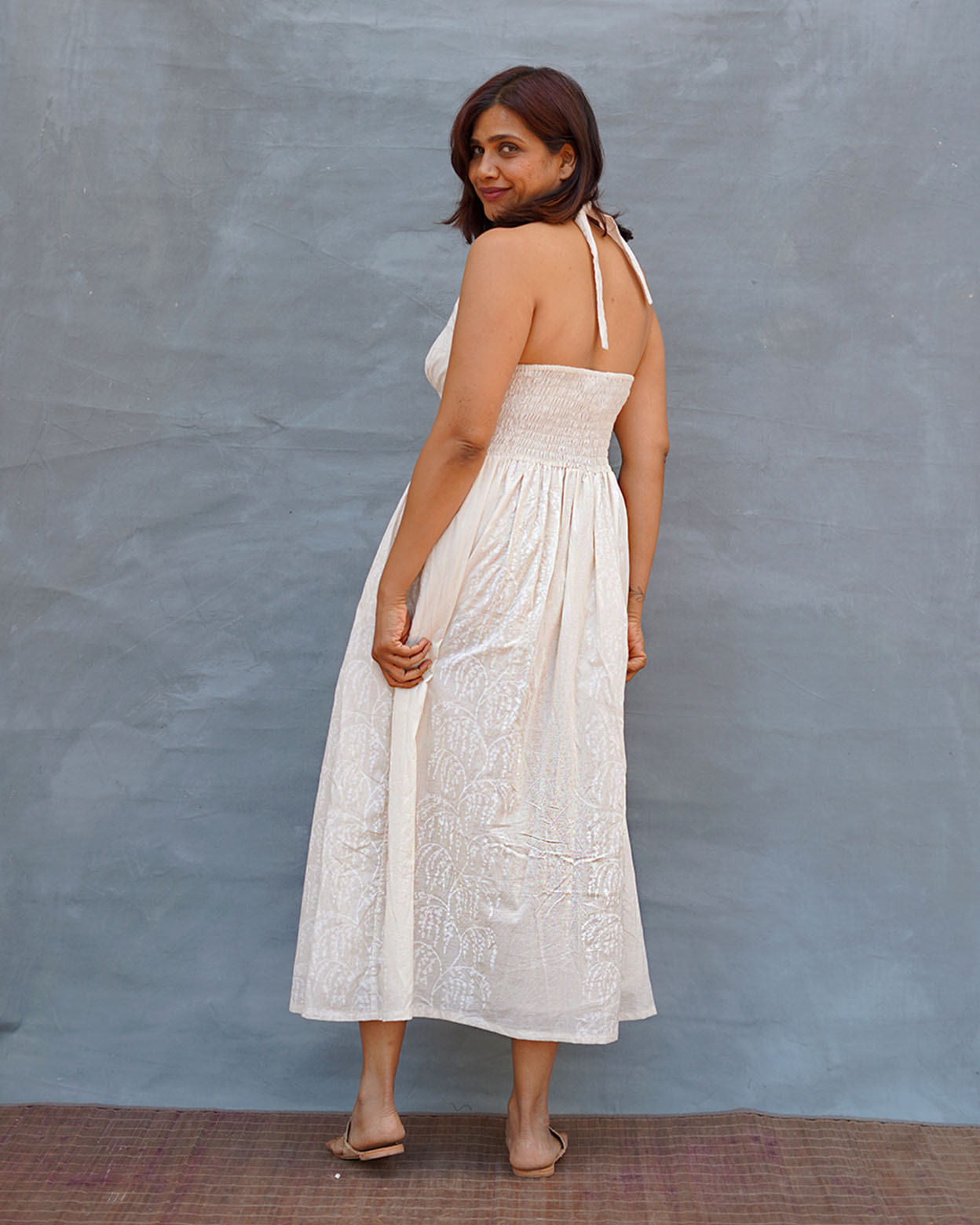 Cloudfall White Handblock Print Cotton Dress - Safed