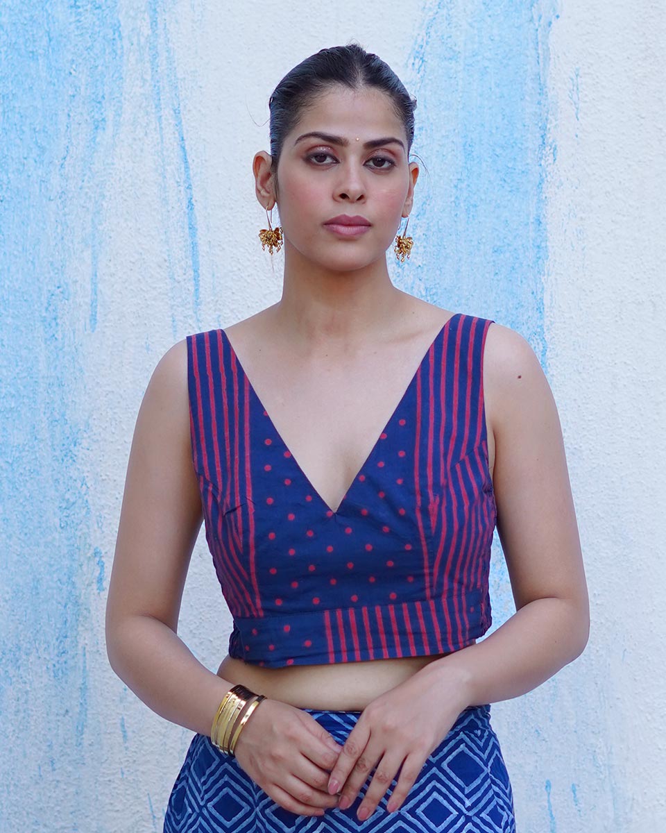 Playing till sunset Indigo Hand Block Printed Cotton Blouse - UMT