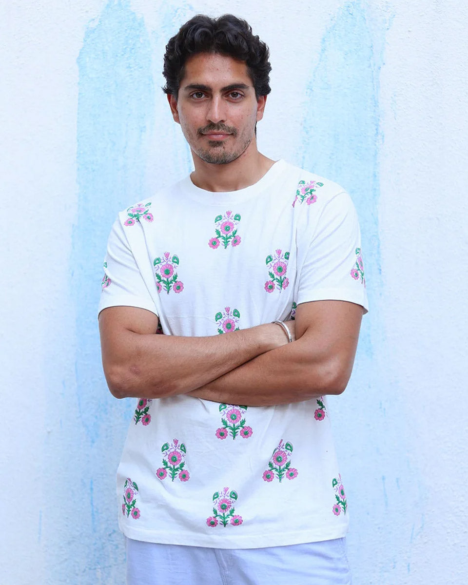Aarzoo White Hand Block Print Cotton T- Shirt - TOF