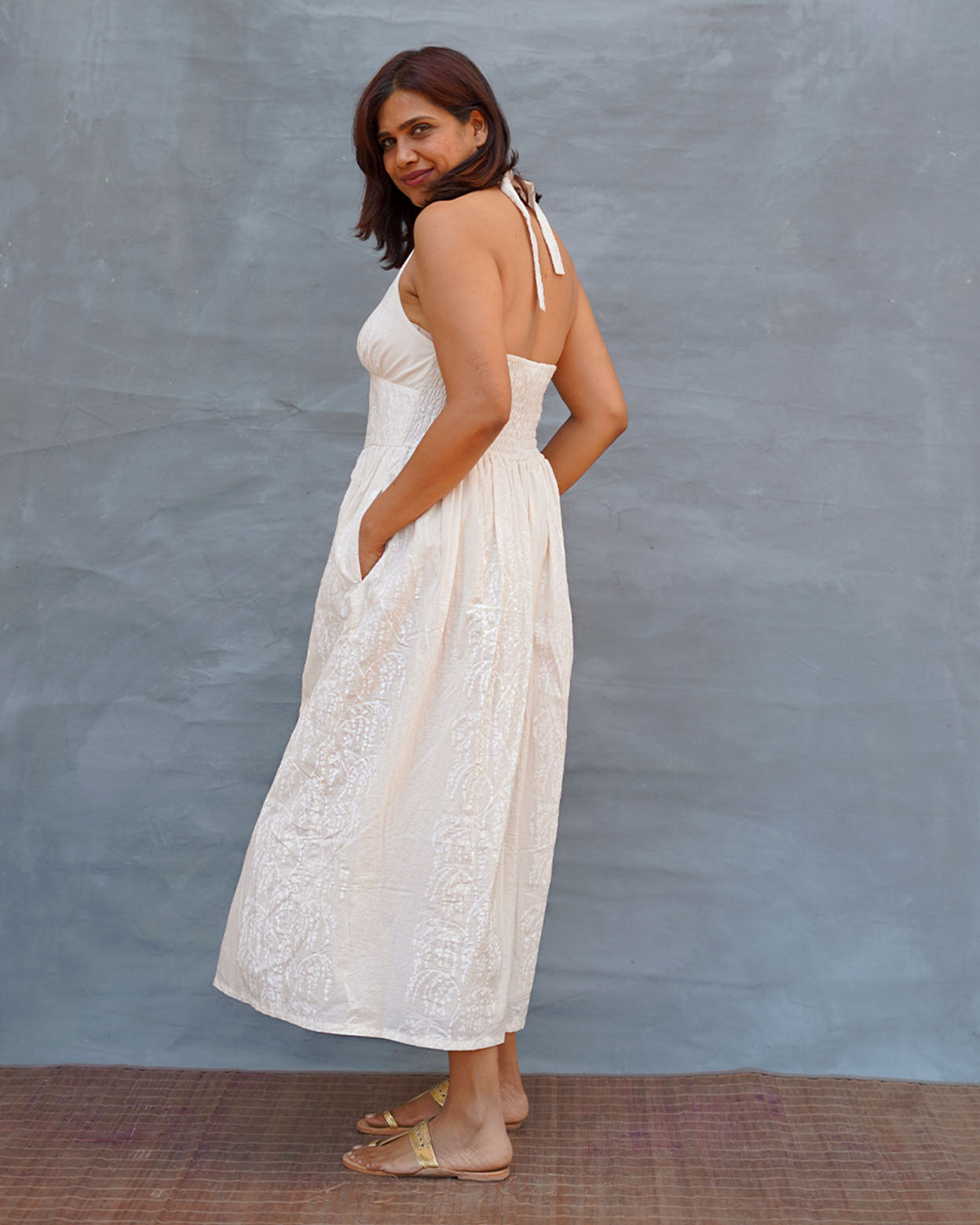 Cloudfall White Handblock Print Cotton Dress - Safed