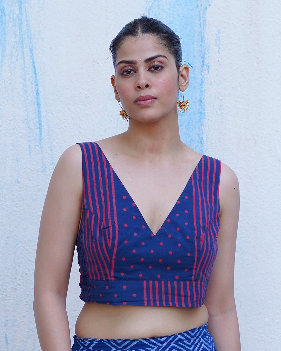 Playing till sunset Indigo Hand Block Printed Cotton Blouse - UMT