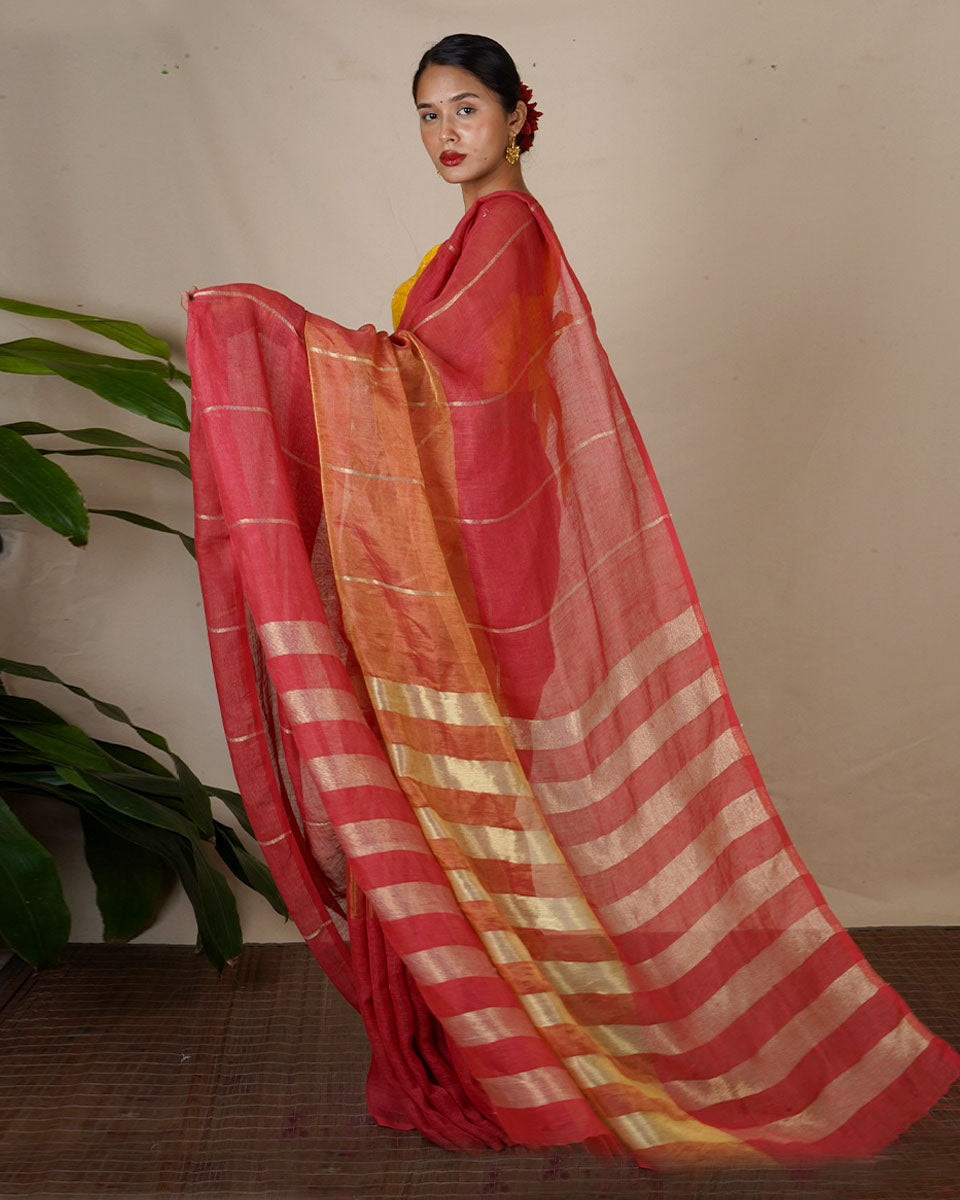 Jyotsna Maroon Handwoven Linen Zari Saree - Eknoor