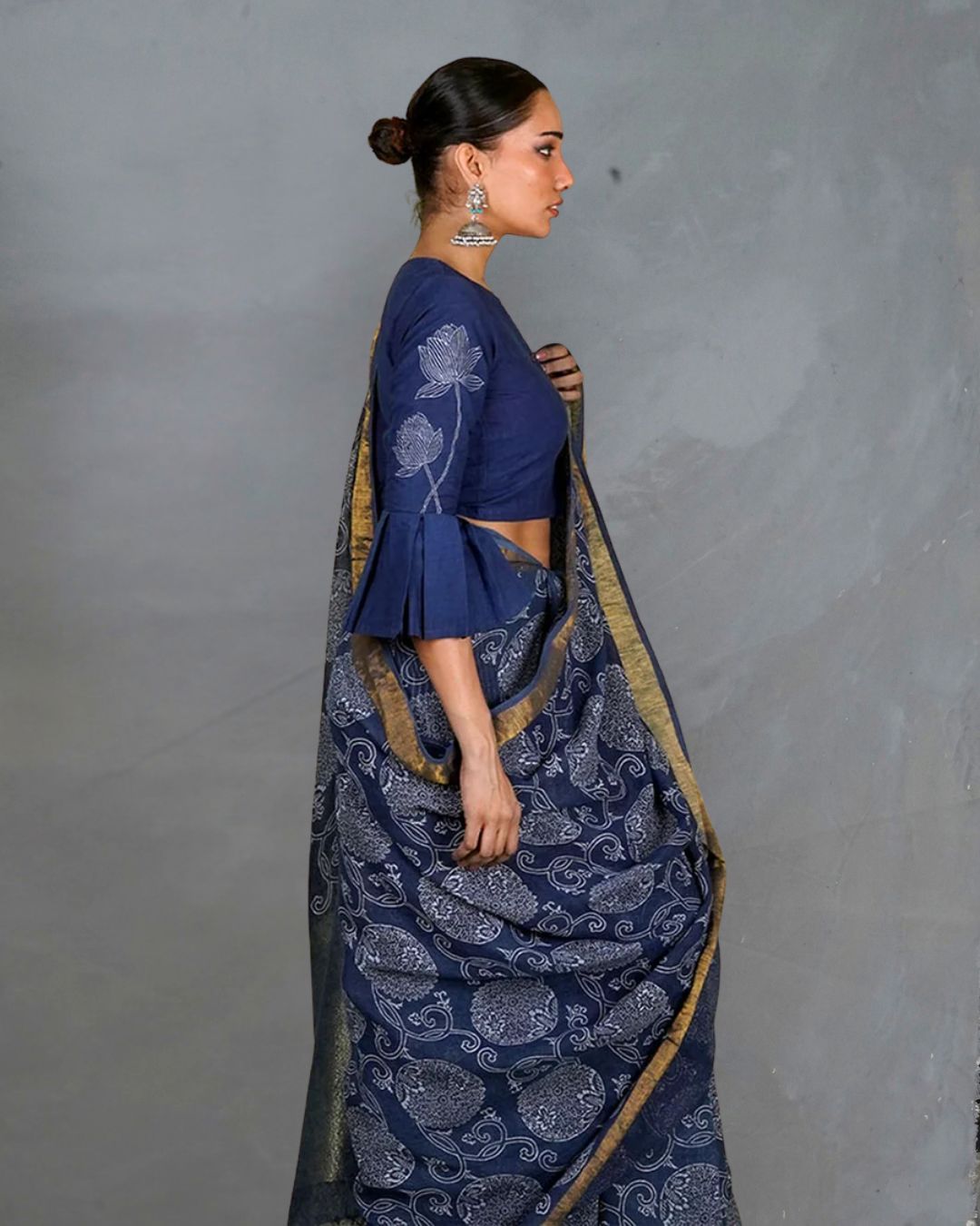 Rahi Blue Handblock Print Linen Saree - INDI