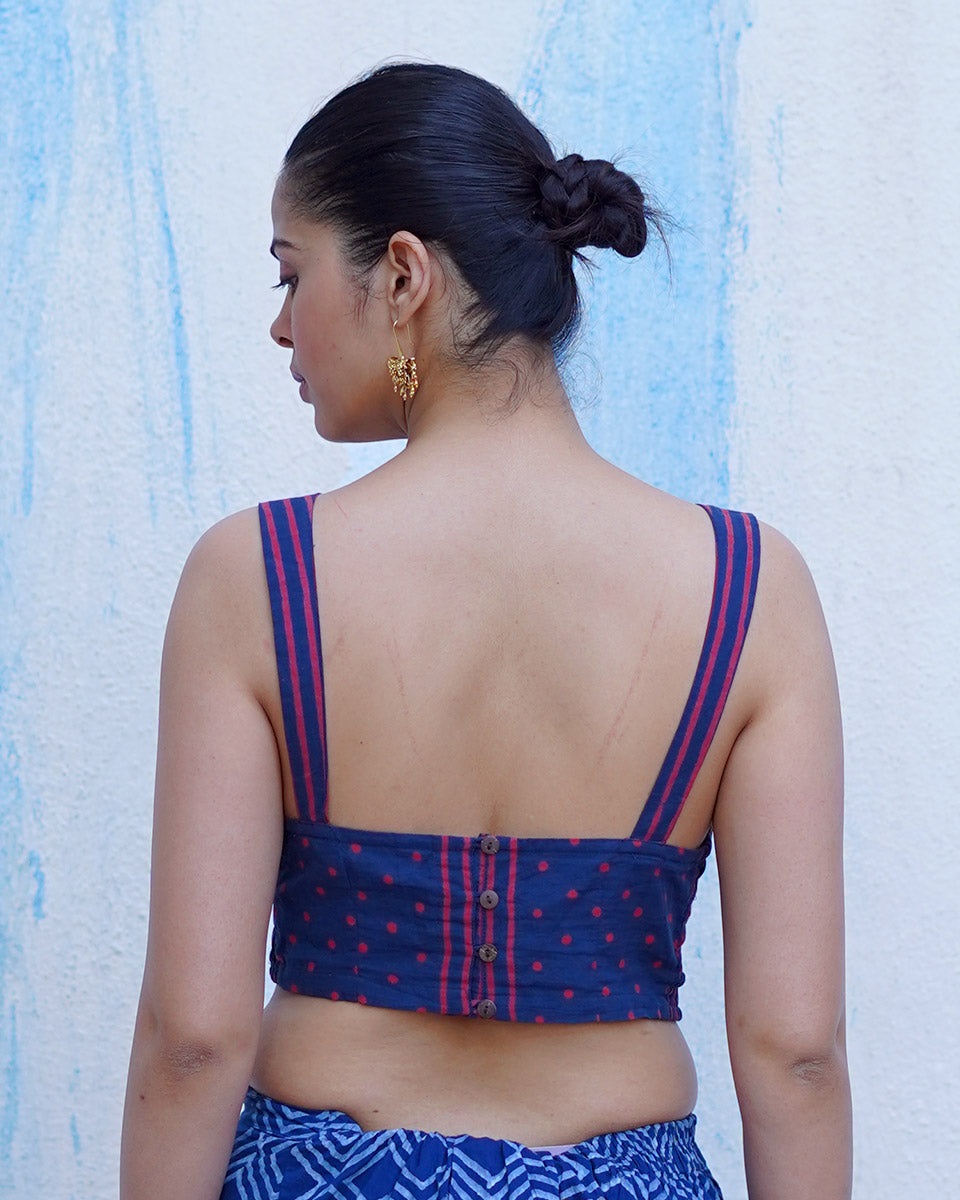 Playing till sunset Indigo Hand Block Printed Cotton Blouse - UMT
