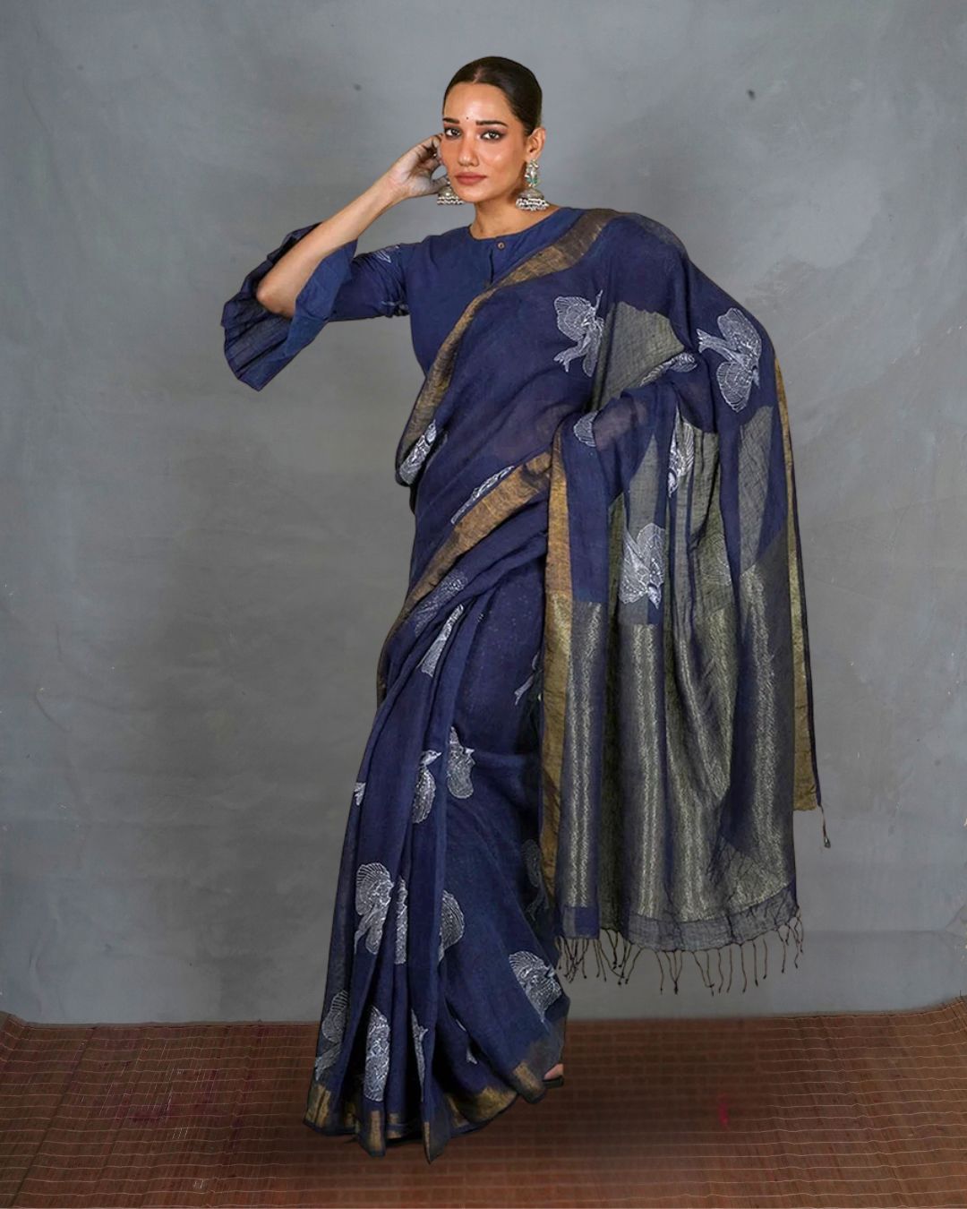 Rasiya Blue Handblock Print Linen Saree - INDI