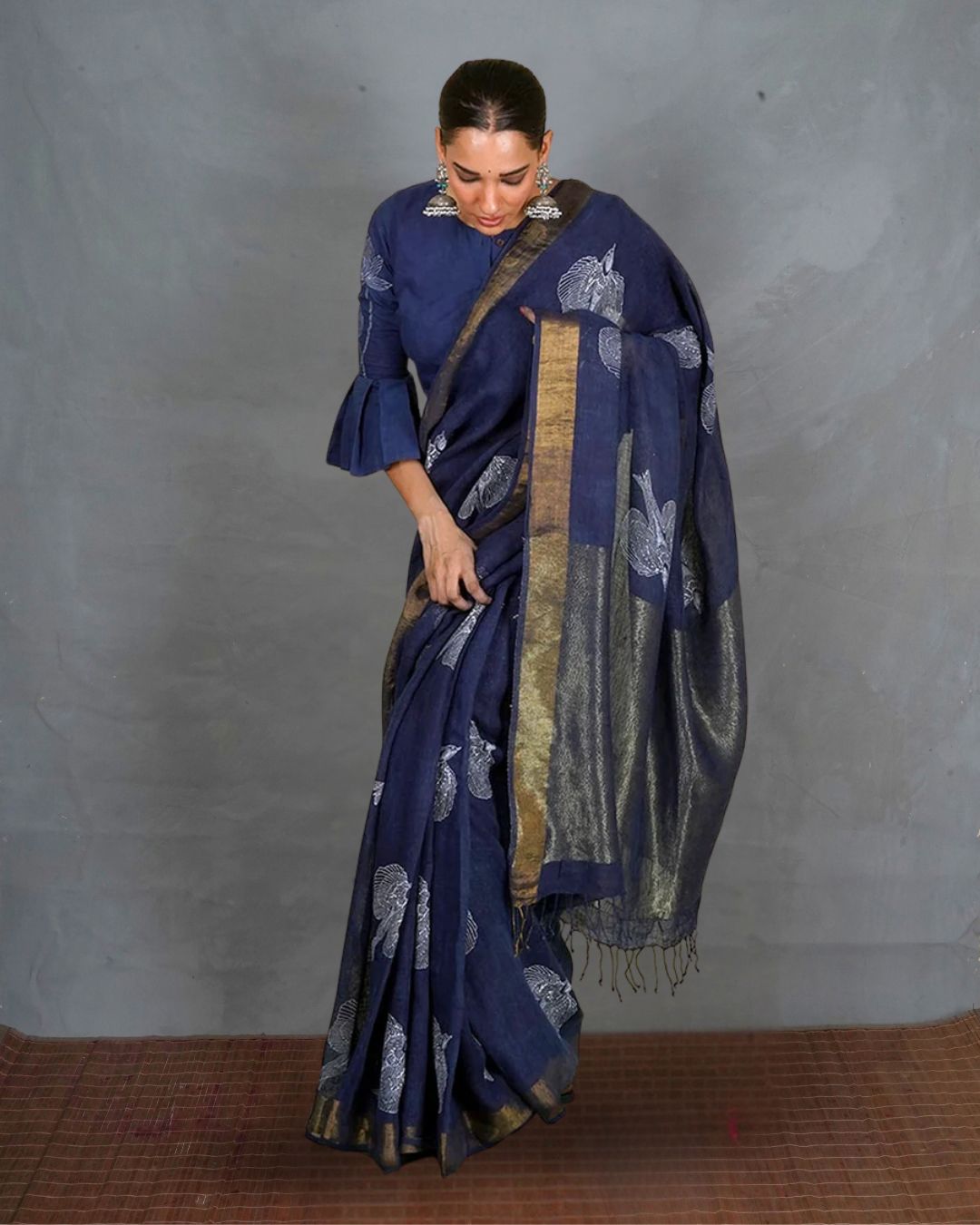 Rasiya Blue Handblock Print Linen Saree - INDI