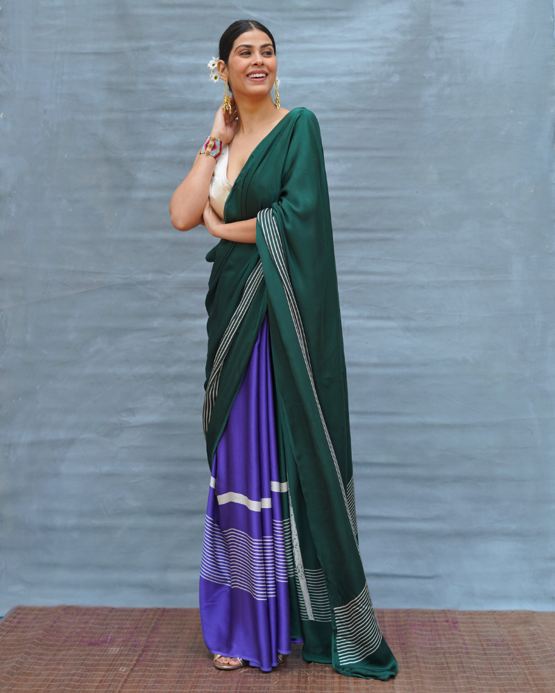 Slow Ripple Green Handblock Print Modal Silk Saree - Flow