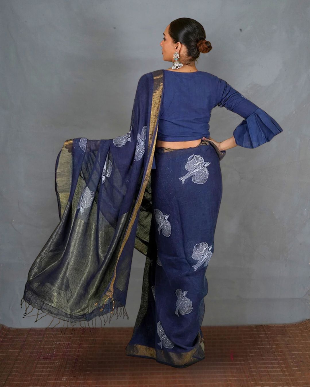 Rasiya Blue Handblock Print Linen Saree - INDI