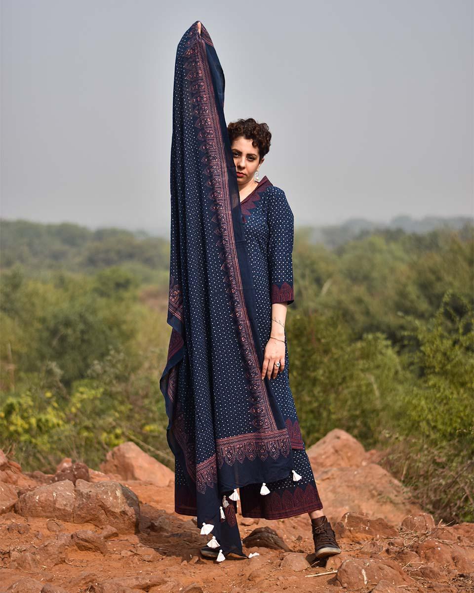 Indigo & Rust Blockprinted Cotton Dupatta - Awargi