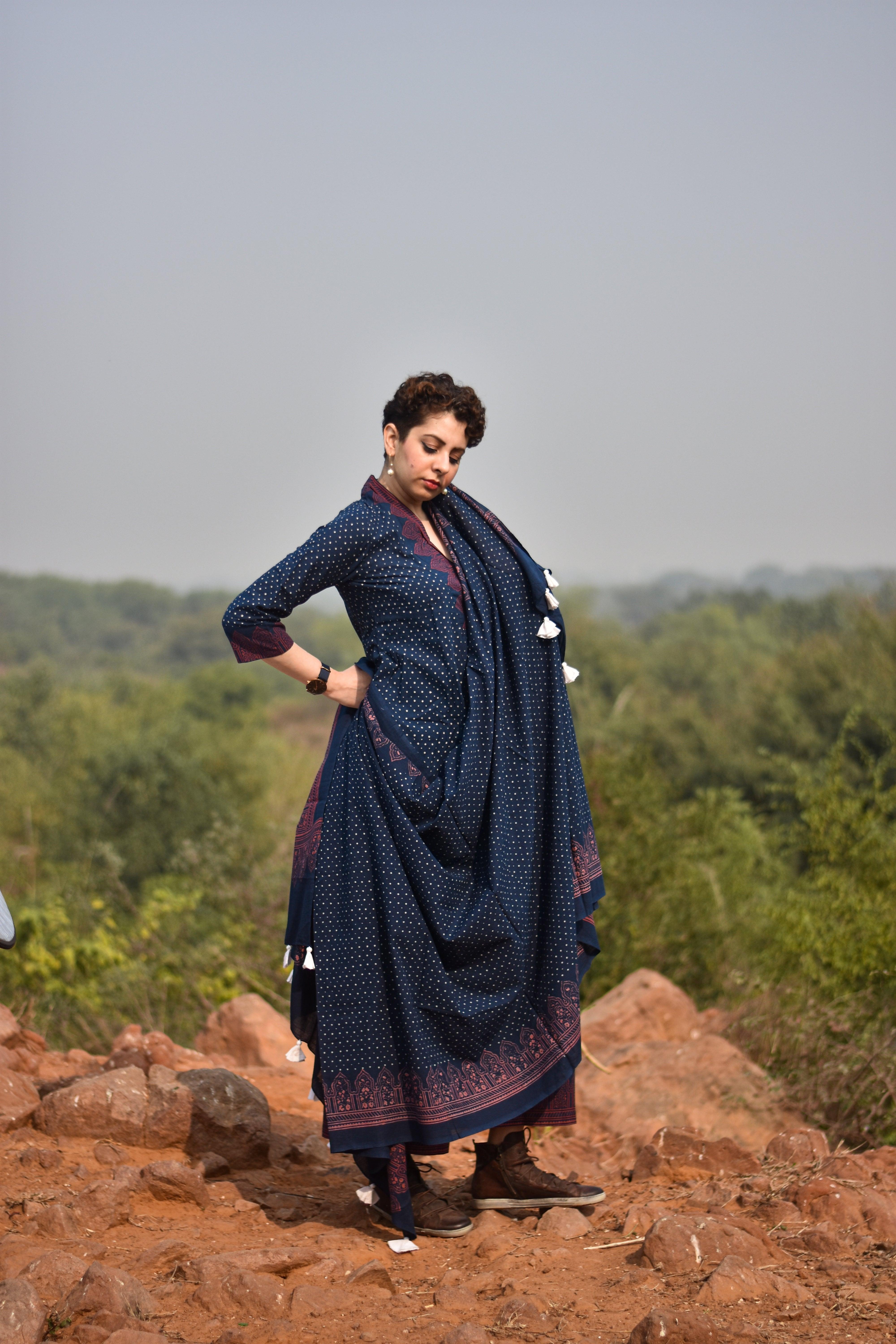 Indigo & Rust Blockprinted Cotton Dupatta - Awargi