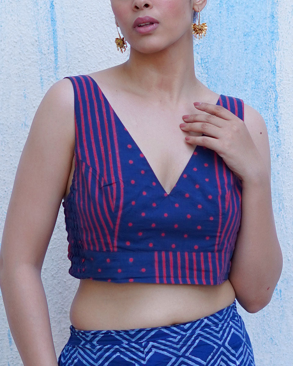 Playing till sunset Indigo Hand Block Printed Cotton Blouse - UMT