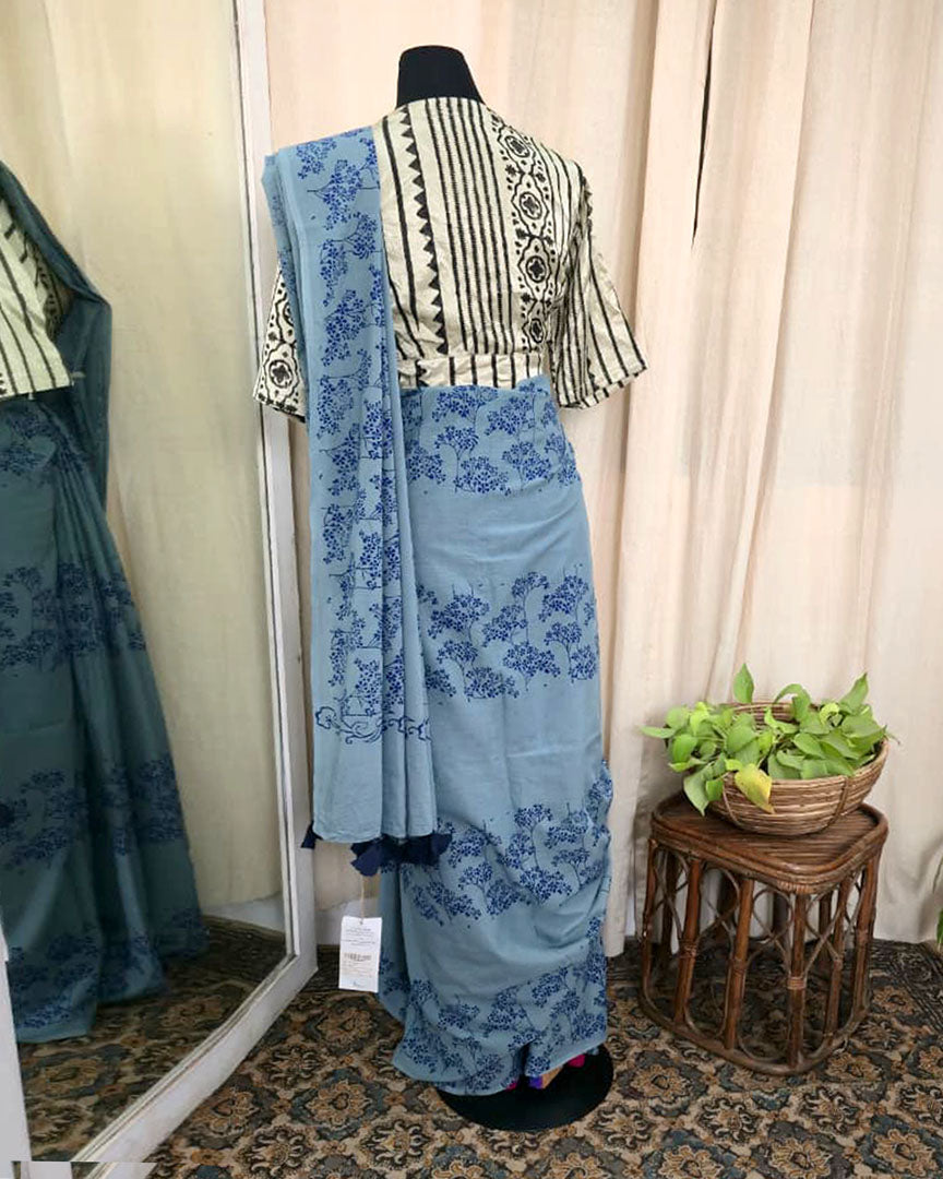 Mistleaf Hand block print Cotton Saree - Love Despite