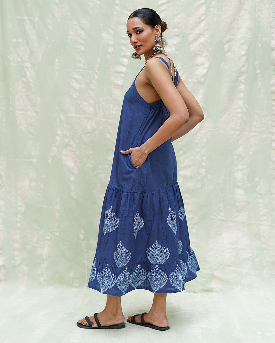 Bahar Blue Handblock Print Cotton Dress - INDI