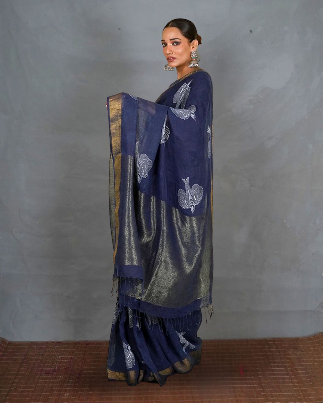 Rasiya Blue Handblock Print Linen Saree - INDI