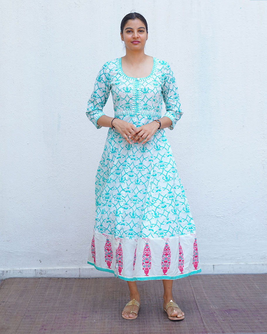 Chamomileâ€™s Calm Teal Green Block Printed Cotton Dress - MMG