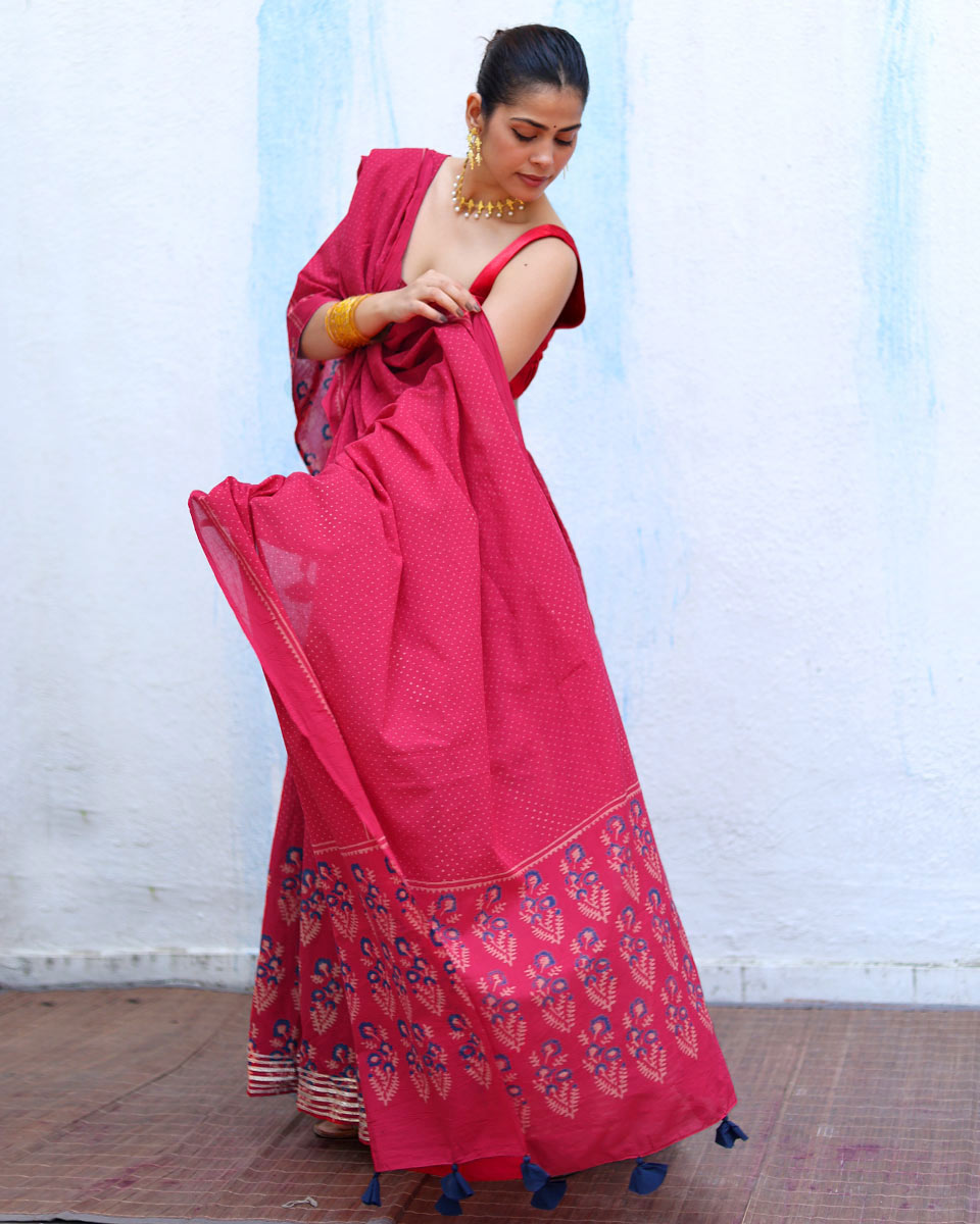 Prabhati Pink Handblock Print Cotton Dupatta - RSH