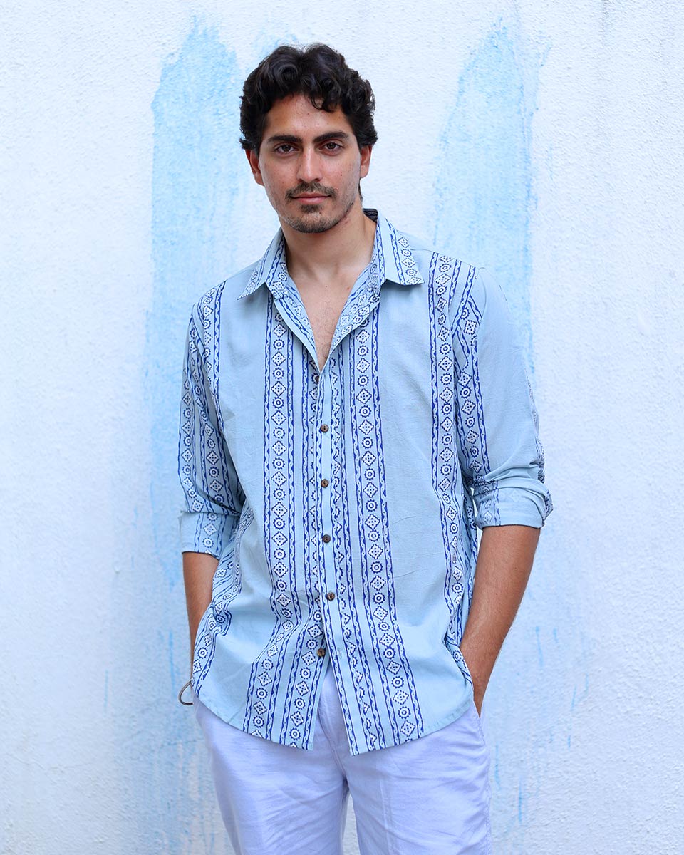 Viraj Blue Hand Block Print Cotton Shirt -TOF