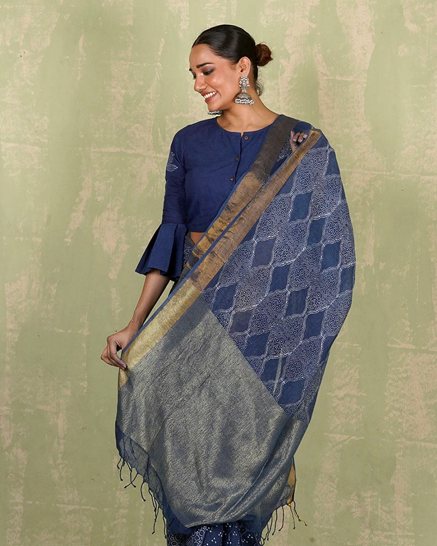 Sandhya Blue Handblock Print Linen Saree - INDI