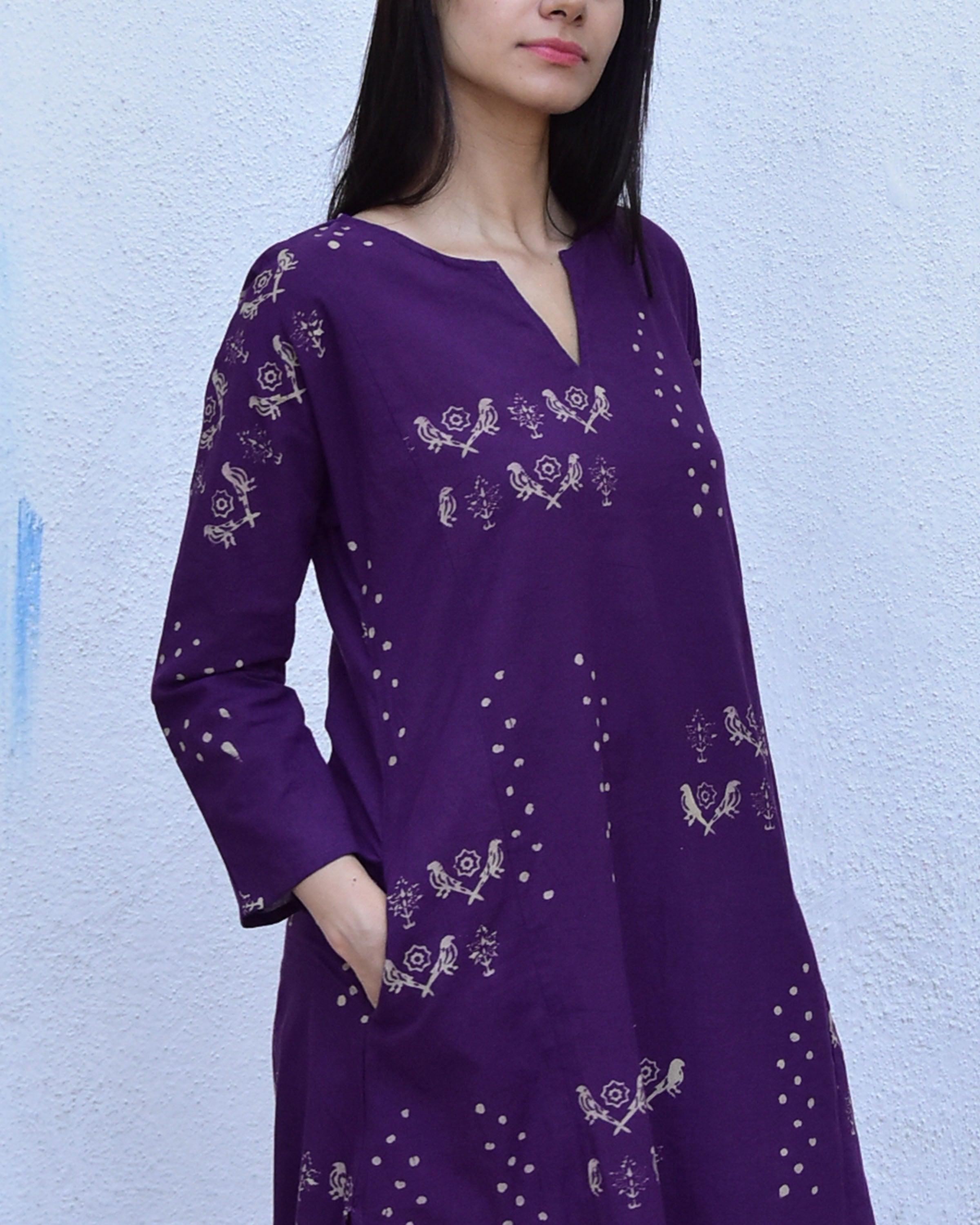 Purple & Pink Block Print Cotton Kurta Set