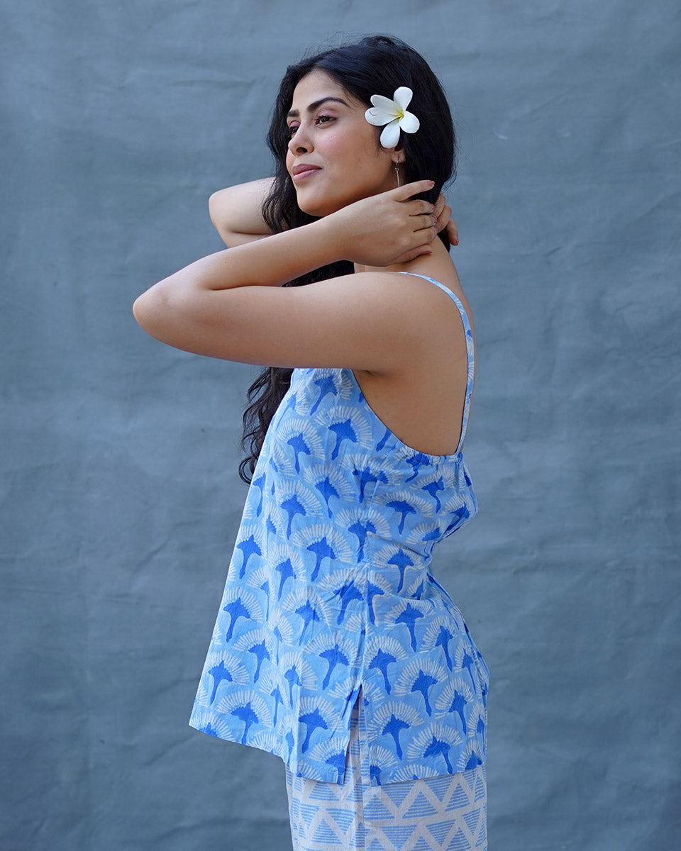 Varsha Ivory Blue Hand Block Printed Top-BAD