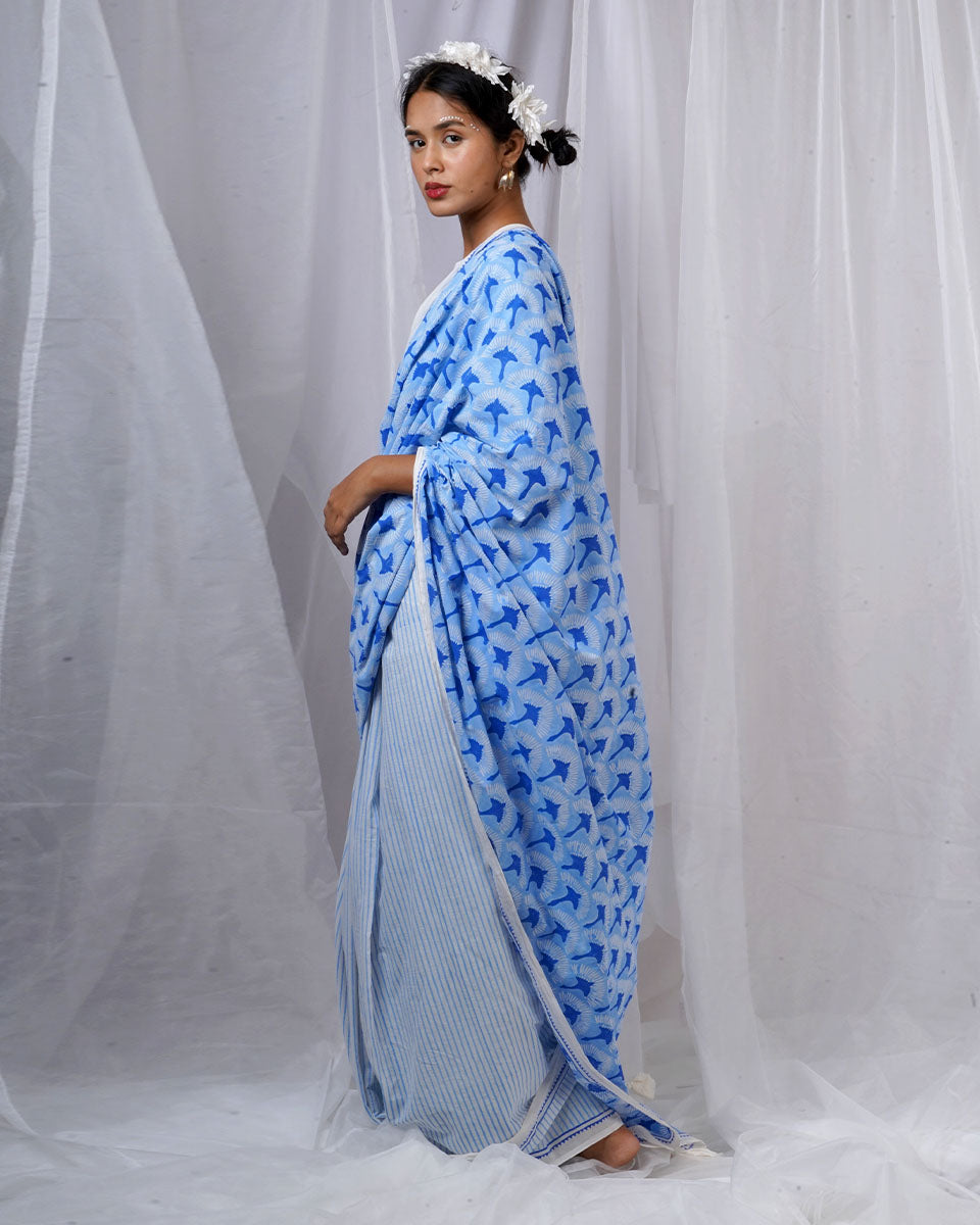 Maya Blue Hand Block Printed Saree-BAD