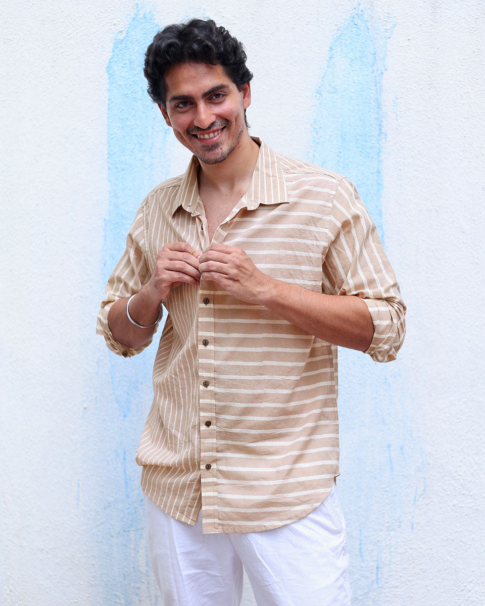 Malang Beige Hand Block Print Cotton Shirt -TOF