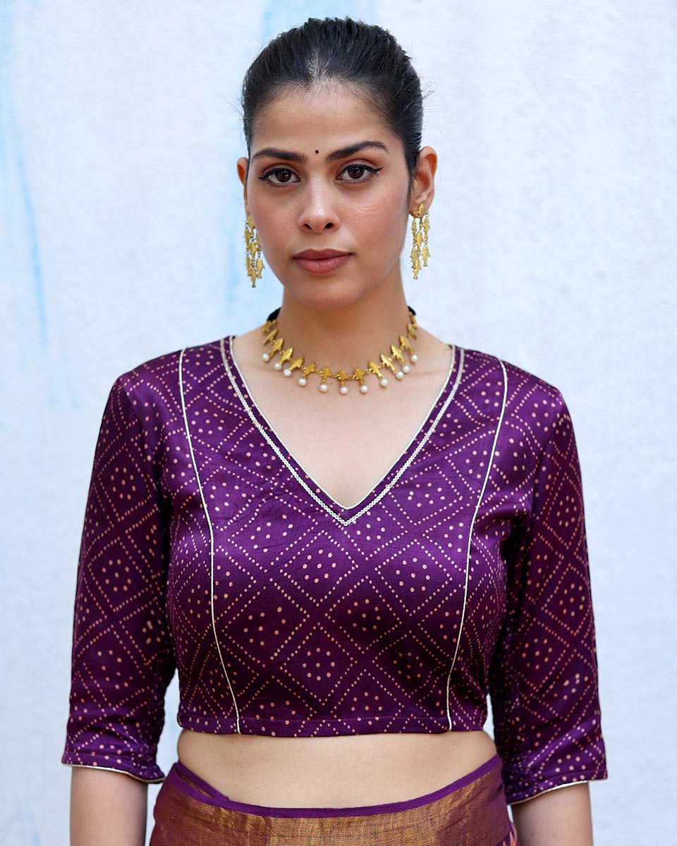 Mahsa Purple Handblock Print Mashru Silk Blouse - RSH