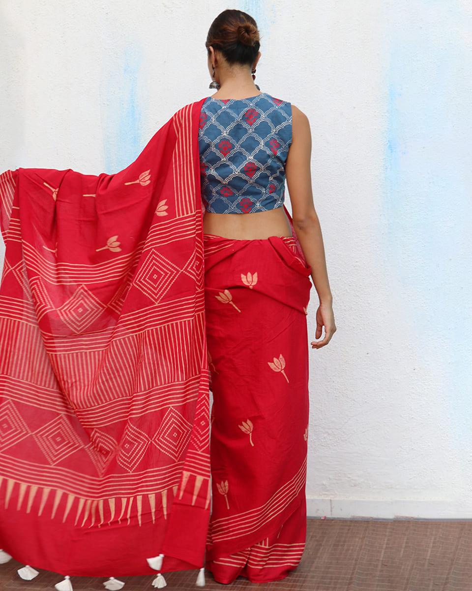 Crimson Handblockprinted Cotton Saree - Fmtm