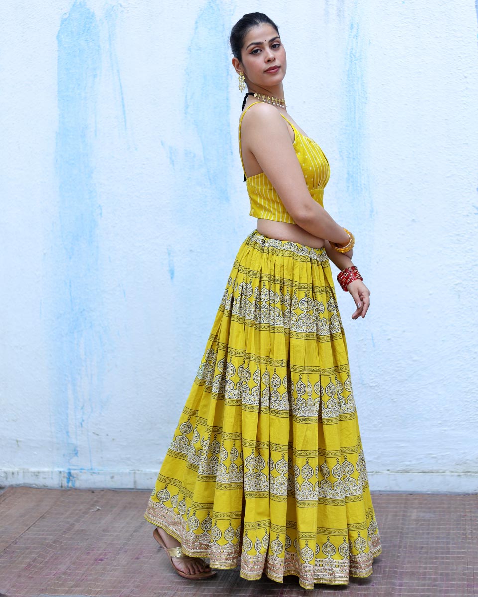 Ushashi Yellow Handblock Print Cotton Ghagra - RSH
