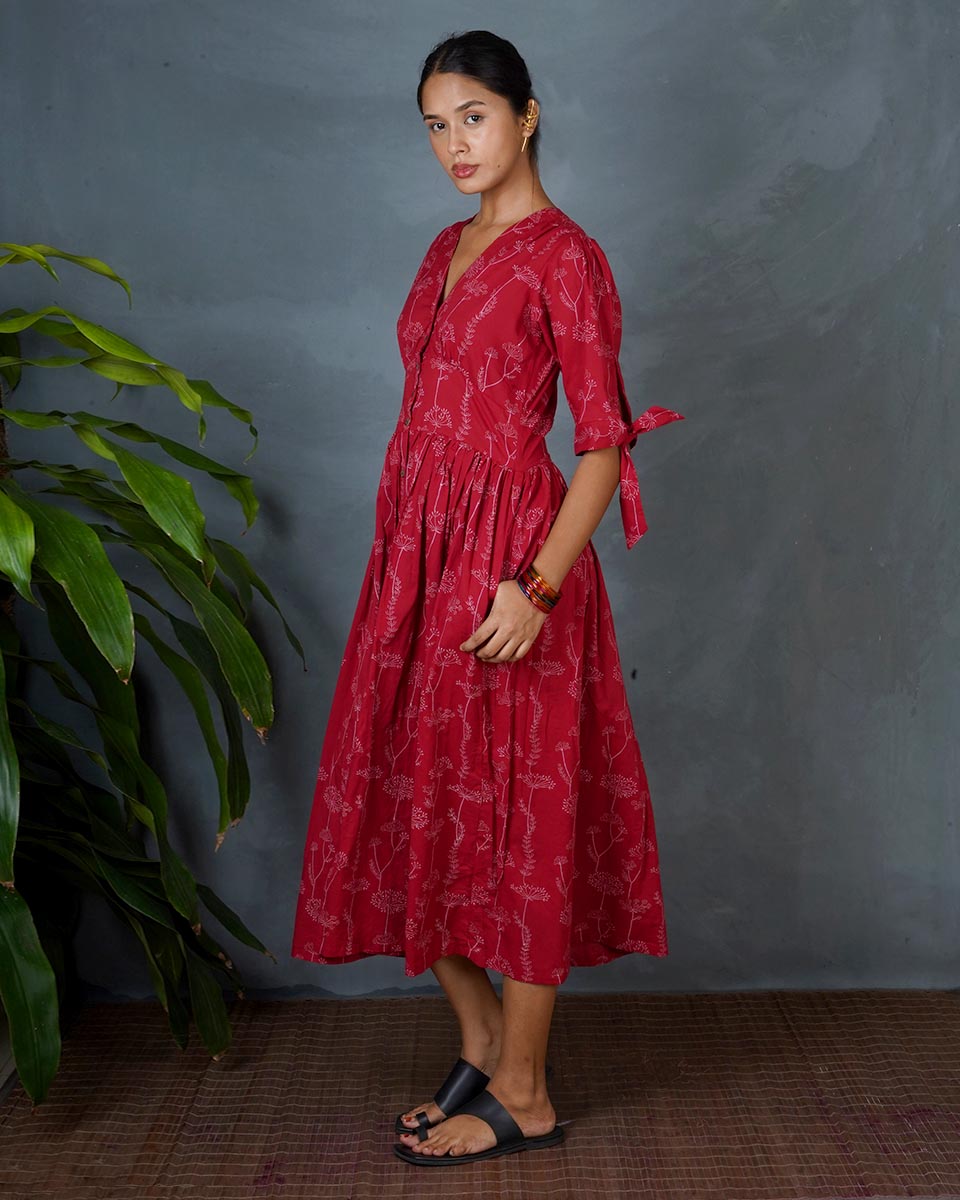 Saanjhika Red Hand Block Printed Dress-MYA