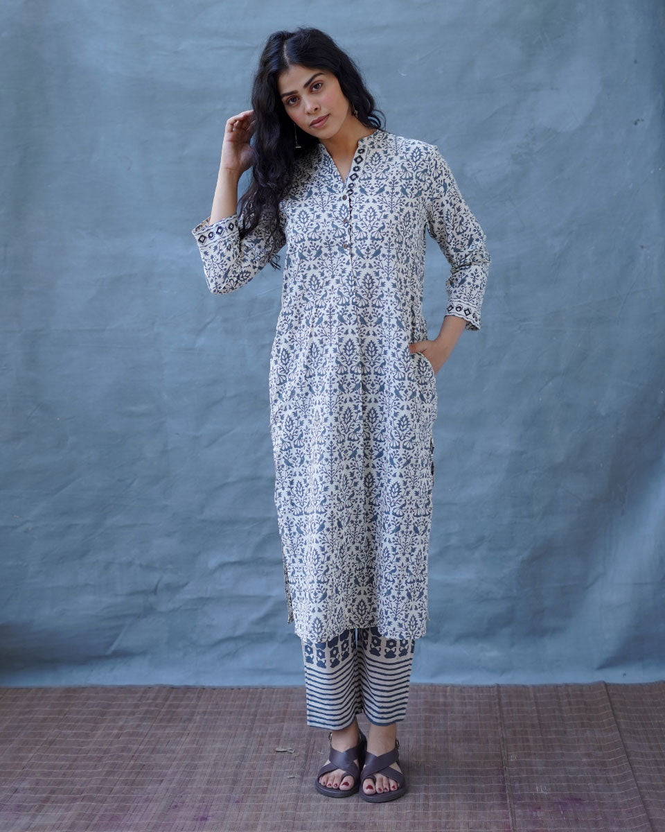 Monsoon Sea Grey Block Printed Cotton Kurti - BMS