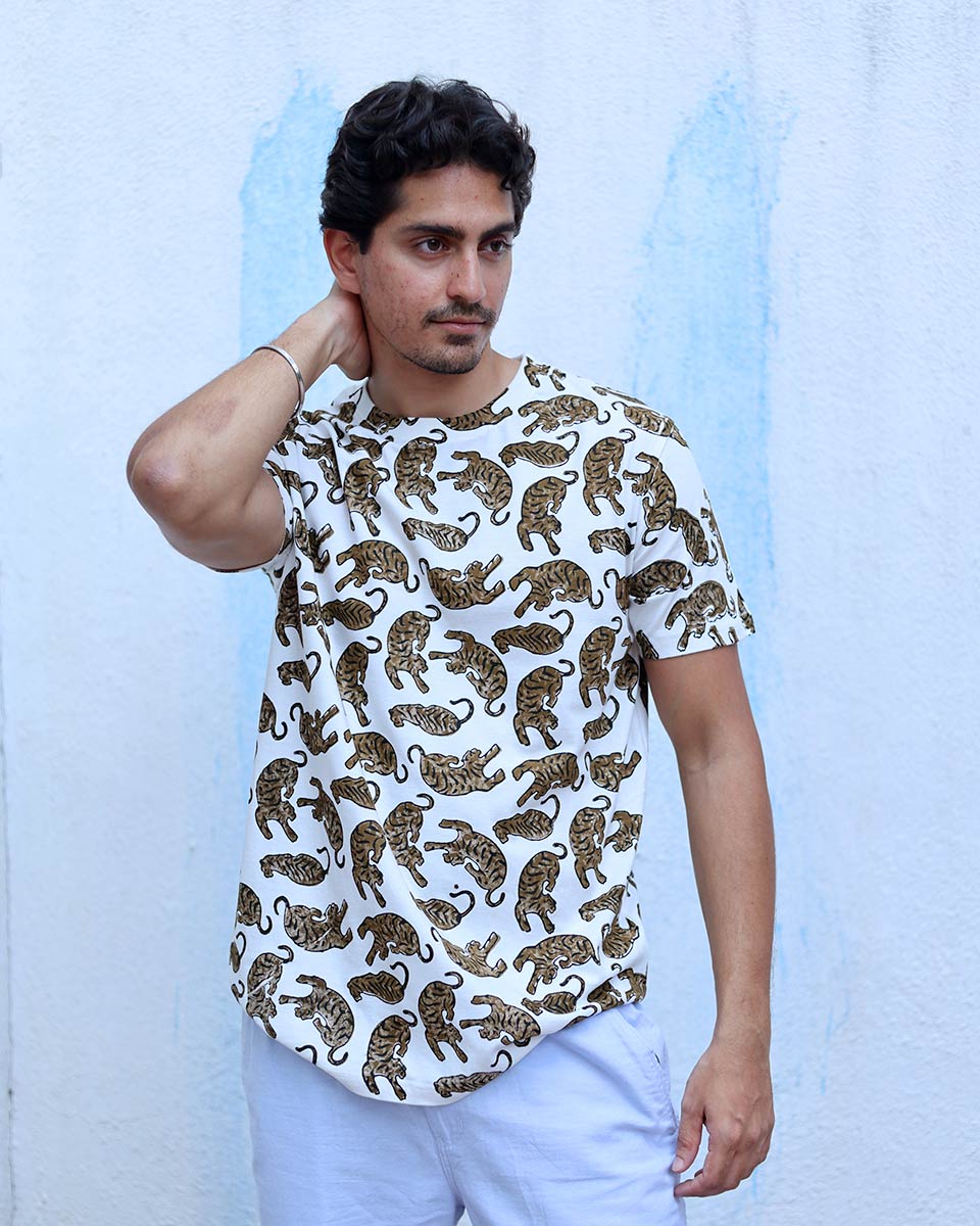 Manzar White Hand Block Print Cotton T- Shirt - TOF