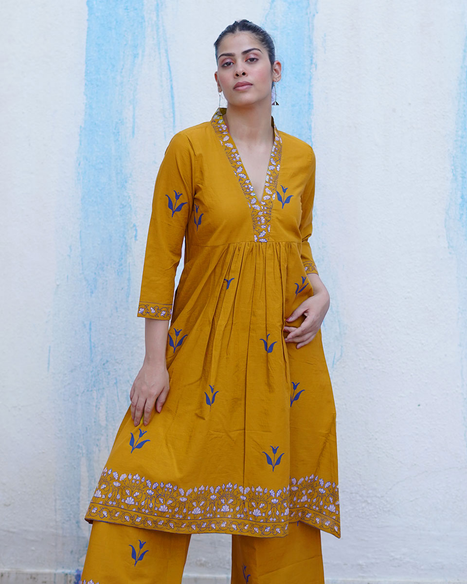 Rangeeli Mustard Yellow Handblock Print Cotton Kurta Set - BFG