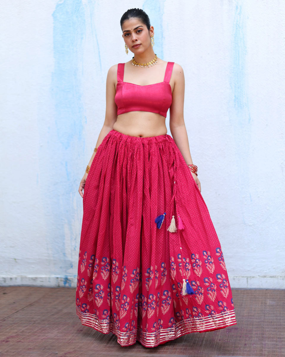 Chamak Pink Handblock Print Cotton Ghagra - RSH