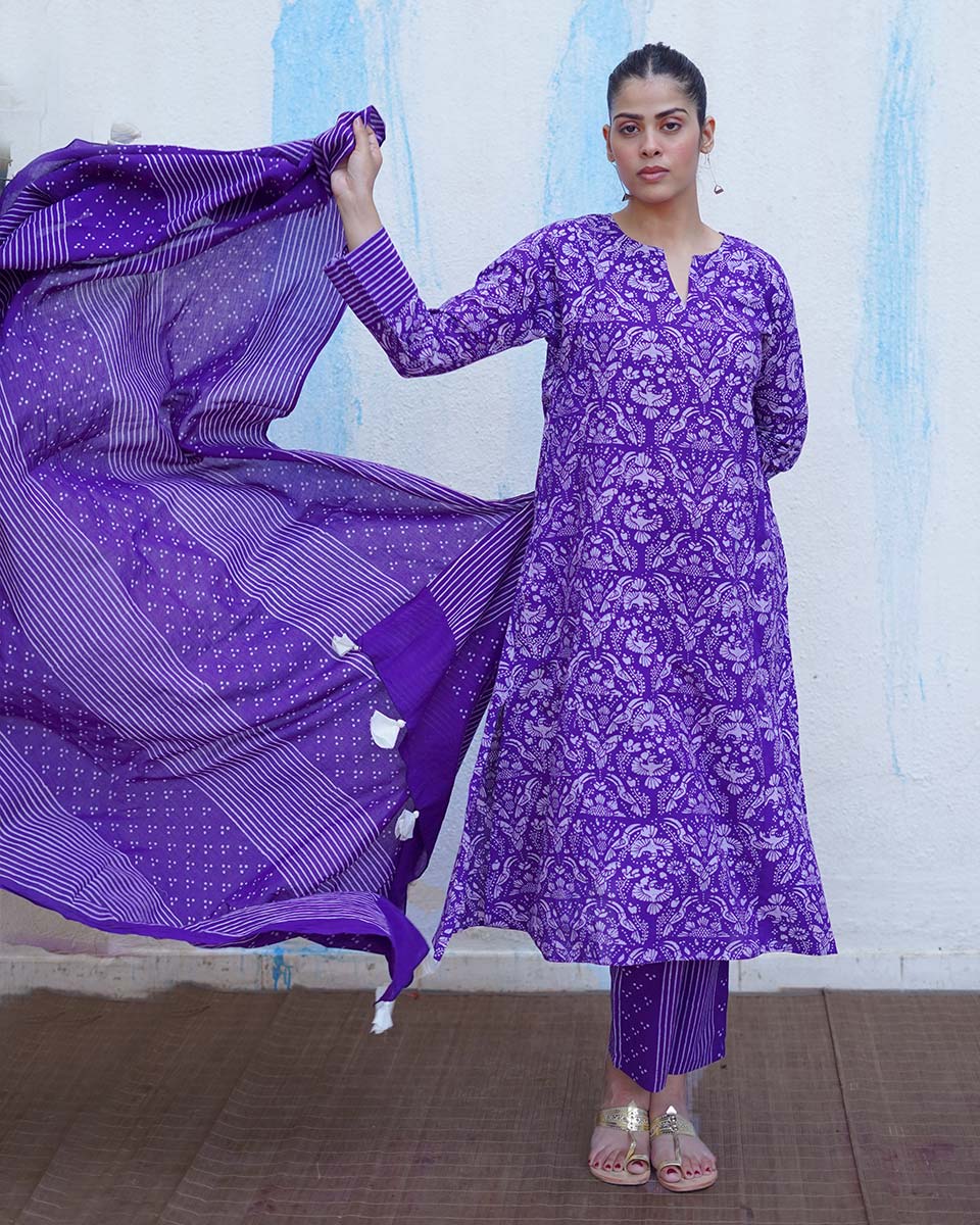 Leher Purple Handblock Print Cotton Dupatta - BFG