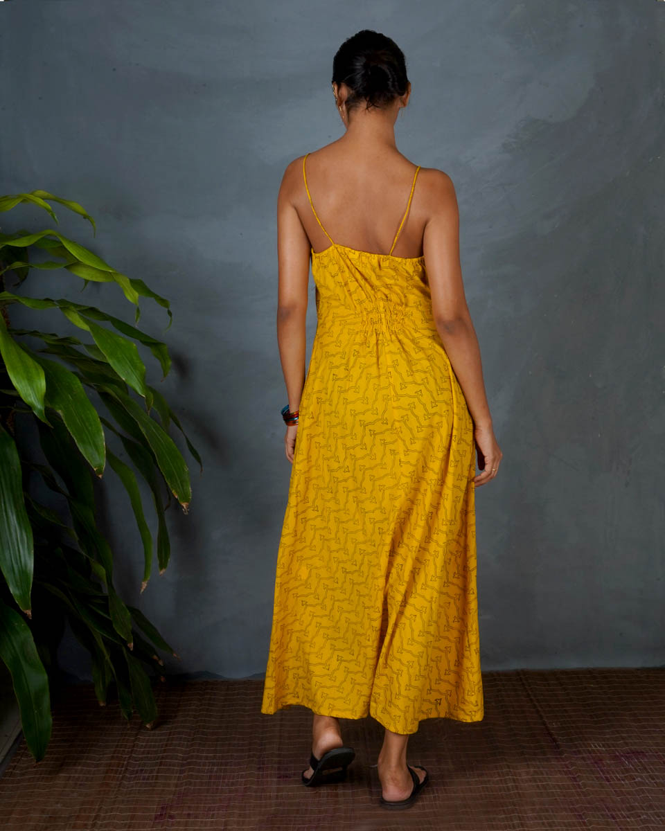 Amaira Yellow Hand Block Printed Dress-MYA