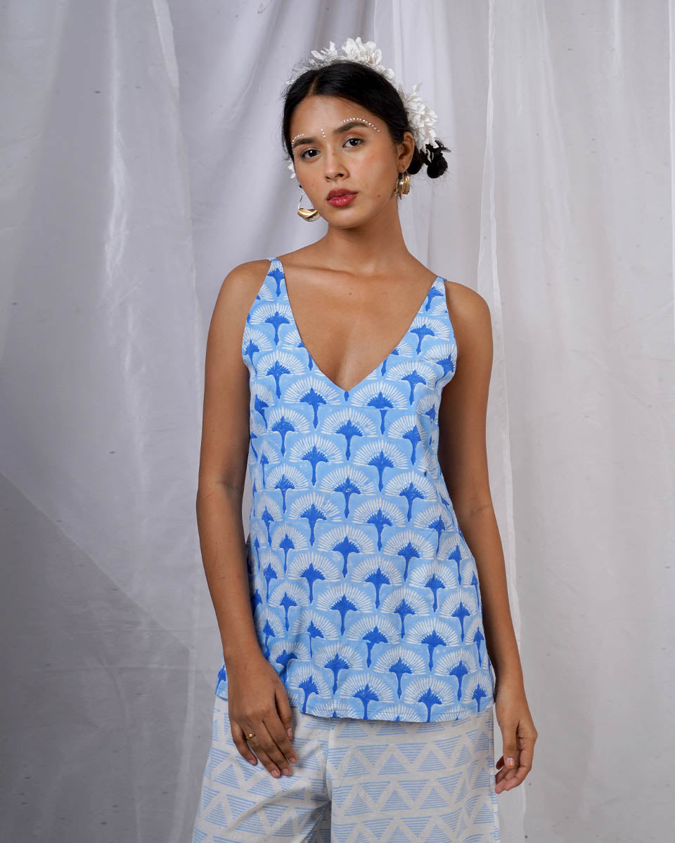 Varsha Ivory Blue Hand Block Printed Top-BAD