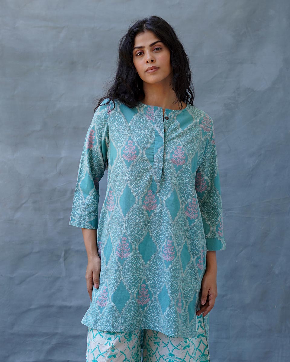 Tenderness of Tulips Teal Green Block Printed Kurti - MMG