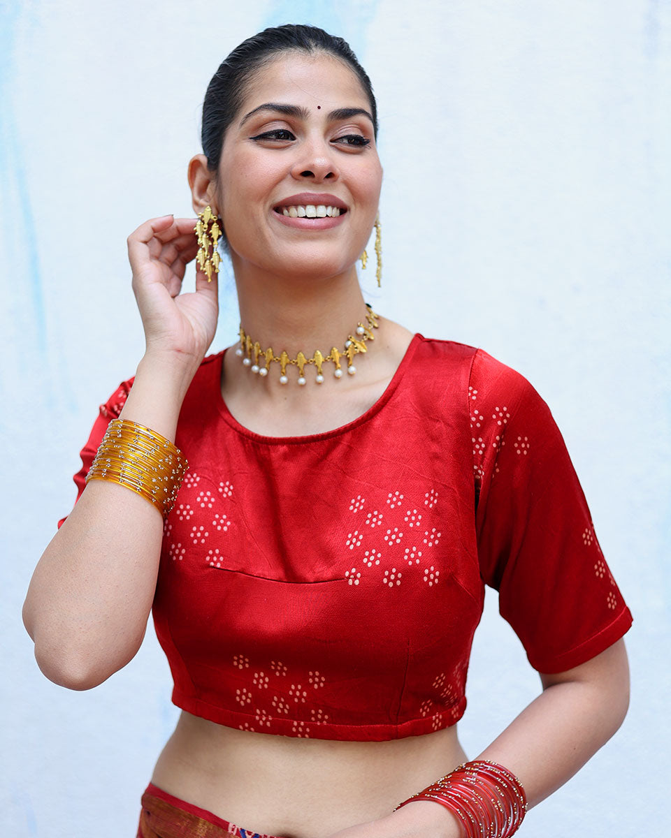 Aalo Red Handblock Print Mashru Silk Blouse - RSH