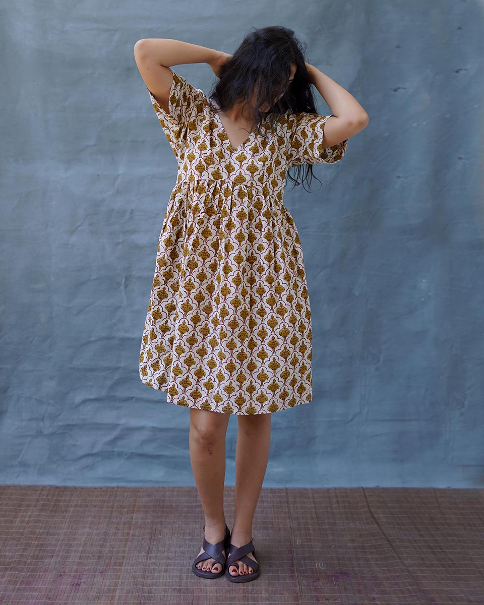 Tu Dilruba Ivory Block Printed Cotton Dress - WW