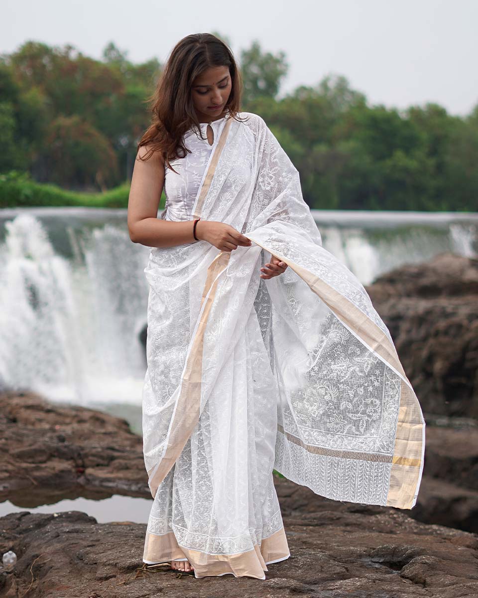 Dewbone Kota Doria Ivory Block Printed Saree - SFD
